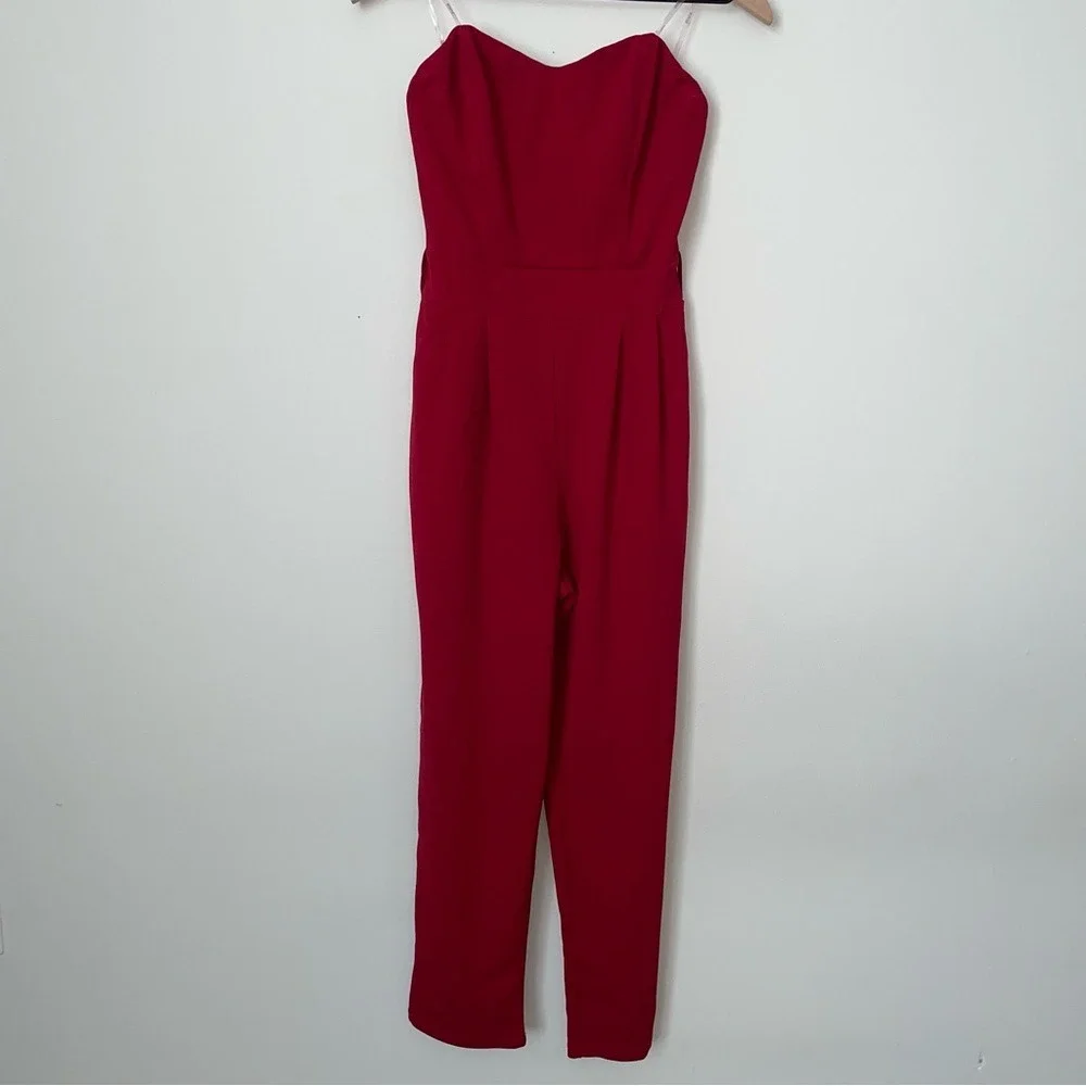 Red Strapless Jumpsuit with Belt‎ and Pockets - Picture 8 of 9